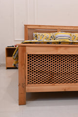 Wooden Jaali Bed With 2x Side Tables