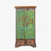 GREEN CARVED CABINET WITH 2 DRAWERS