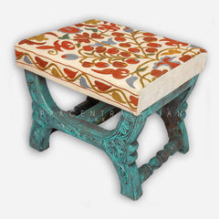 Sulemani Hand Carved X Stool Turquoise