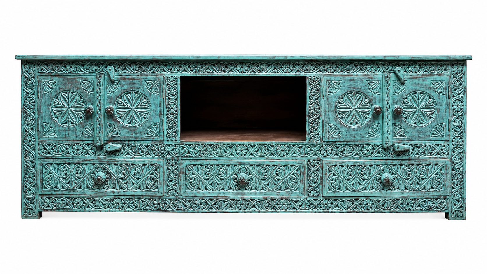 Turquoise Console with Drawers & Cabinets