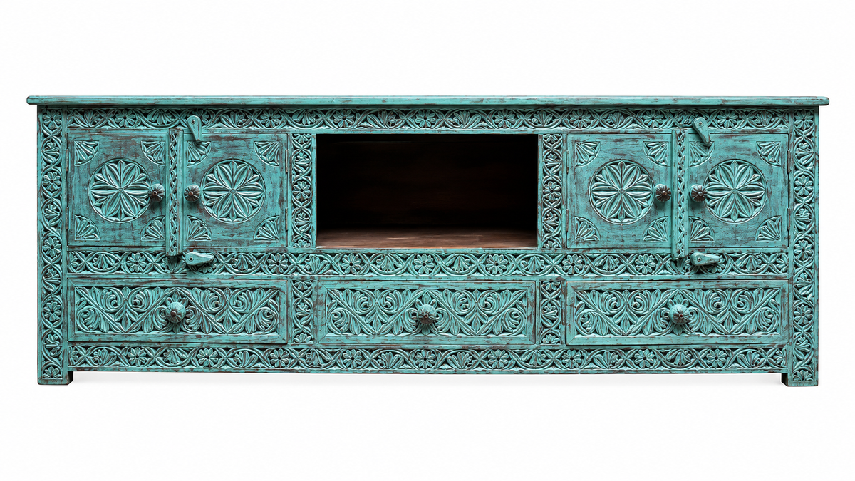 Turquoise Console with Drawers & Cabinets