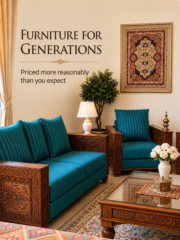 Solid wood living room furniture with handcarved sofa and center table